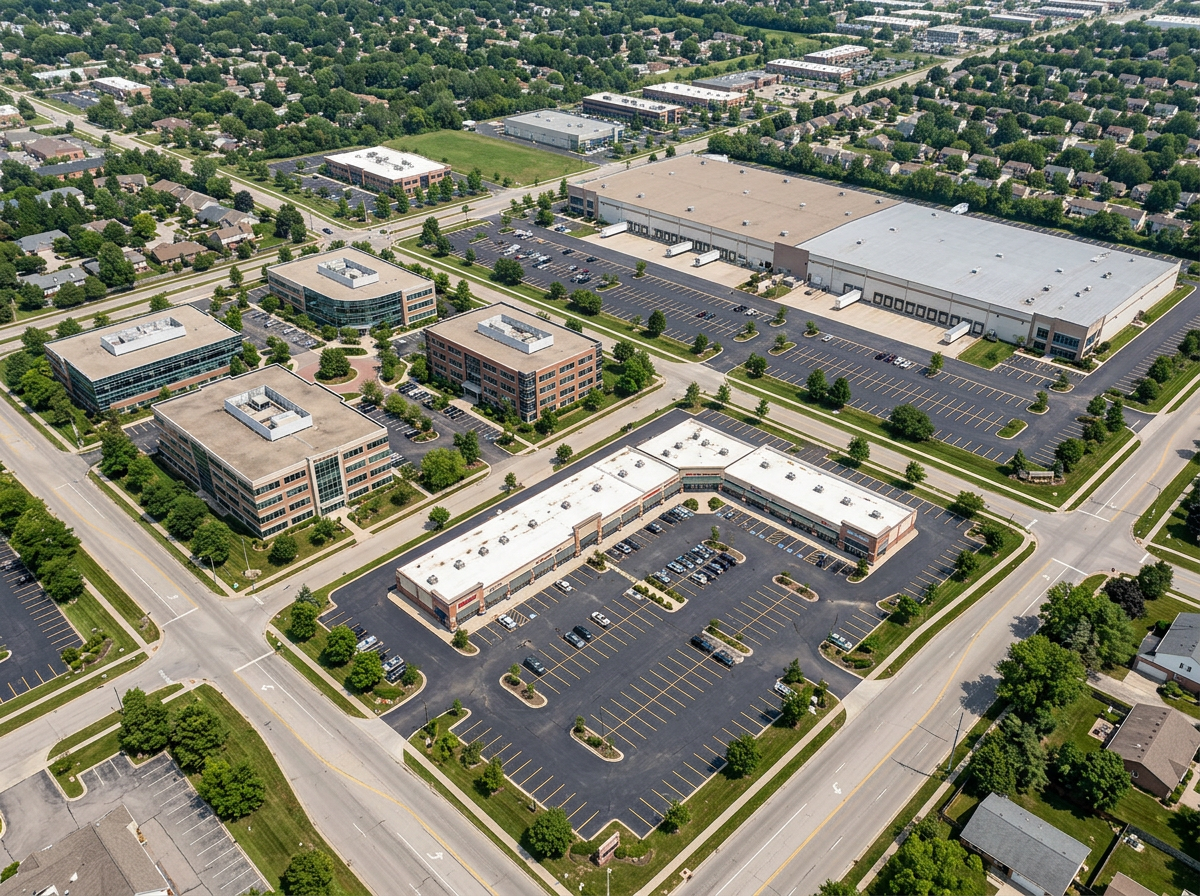 Aerial view of a commercial office and retail complex with multiple parking lots, surrounded by a green residential neighborhood and streets.