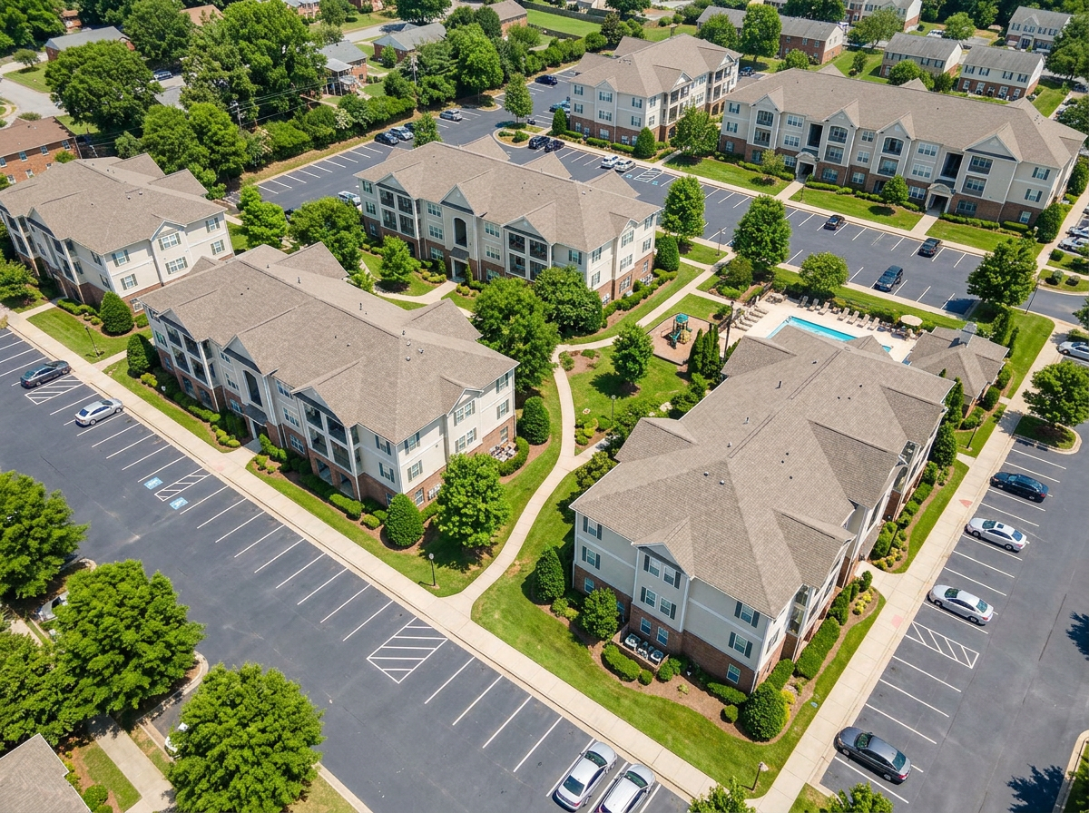 Aerial view of a residential apartment complex with multiple buildings, green landscaped yards, walkways, a swimming pool, and parking lots.