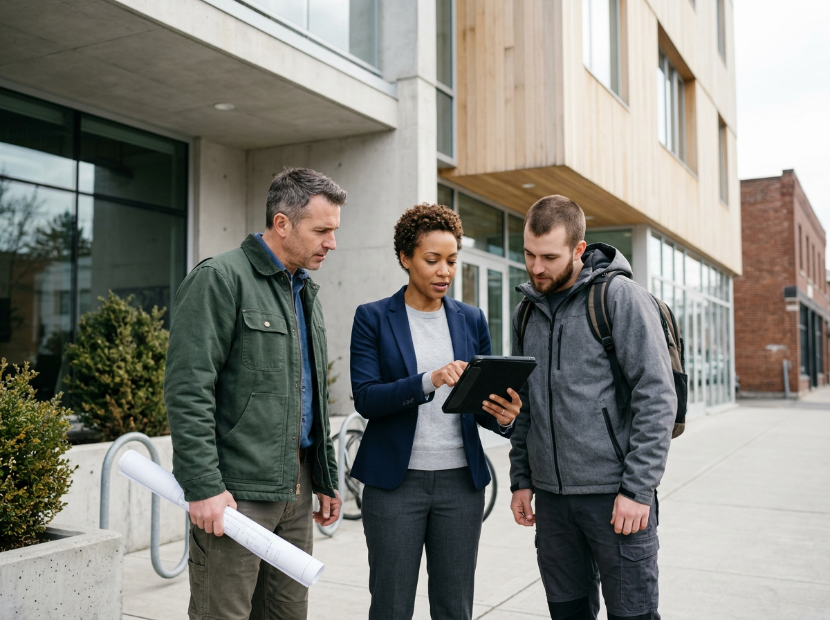 Three people standing outside in front of a modern building, examining a digital tablet.