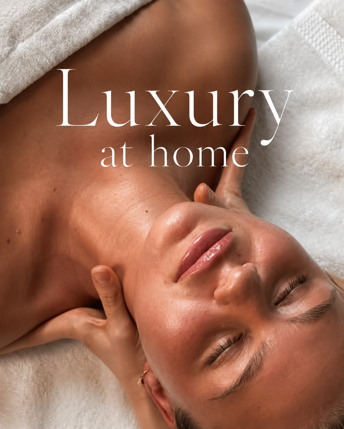 A woman receiving a massage, lying on a white towel with the text 'Luxury at home' overlayed.