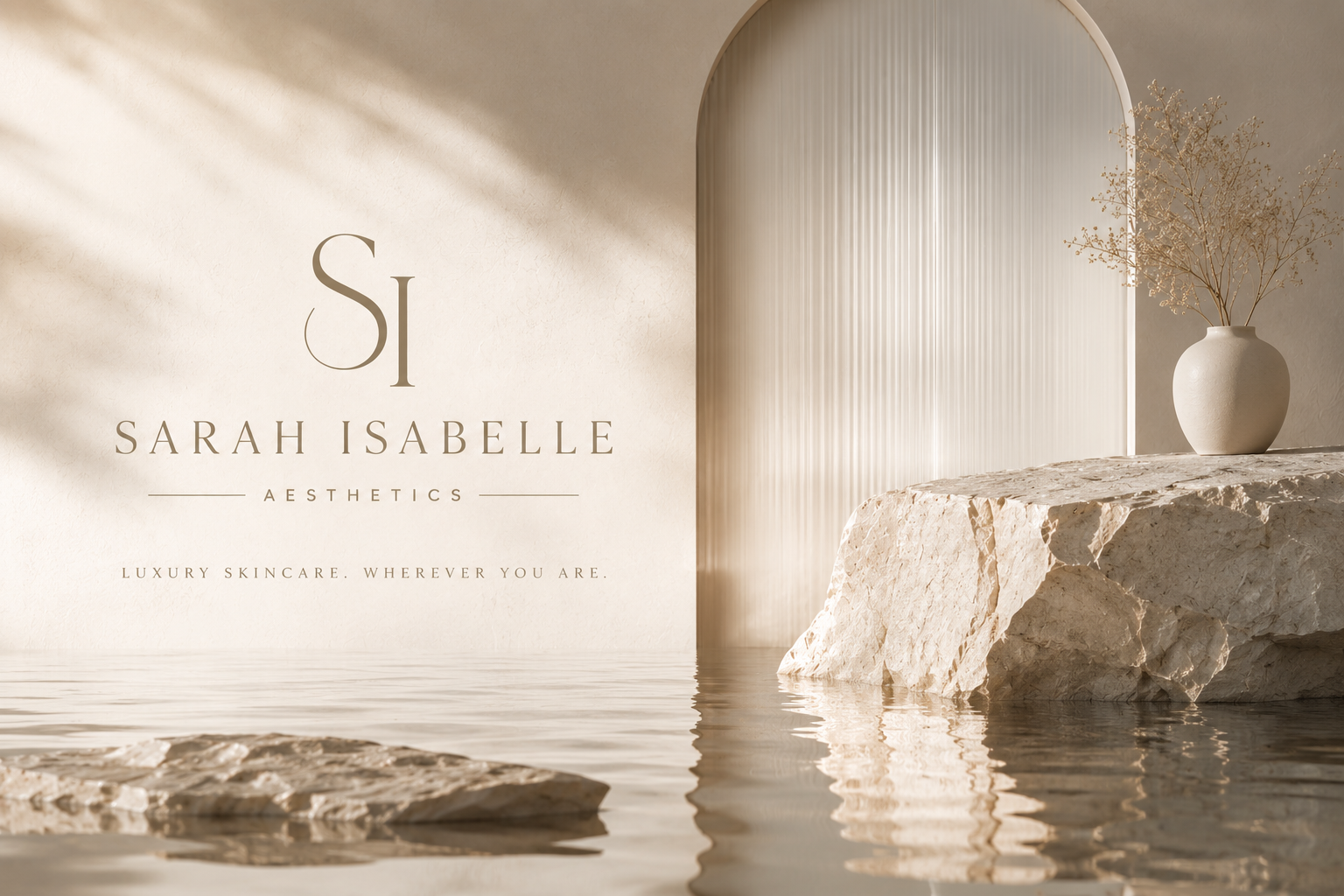 A minimalist aesthetic advertisement for Sarah Isabelle Aesthetics, featuring a large stone on water, a white vase with dried flowers, and soft lighting with shadows on a neutral background.