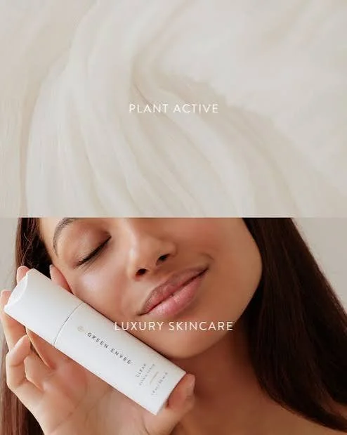 Split image with a beige abstract background and woman holding a skincare product, labeled 'Green Envee' in the lower half.