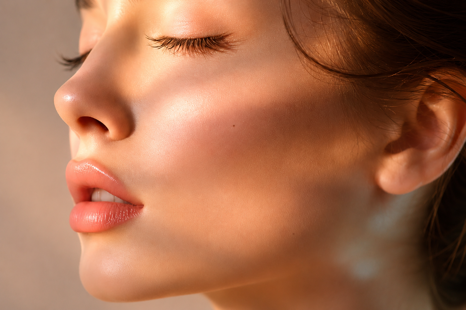 Close-up side profile of a woman's face with smooth skin, closed eyes, and natural makeup, highlighting her eyebrows, eyelashes, and lips, with warm lighting.