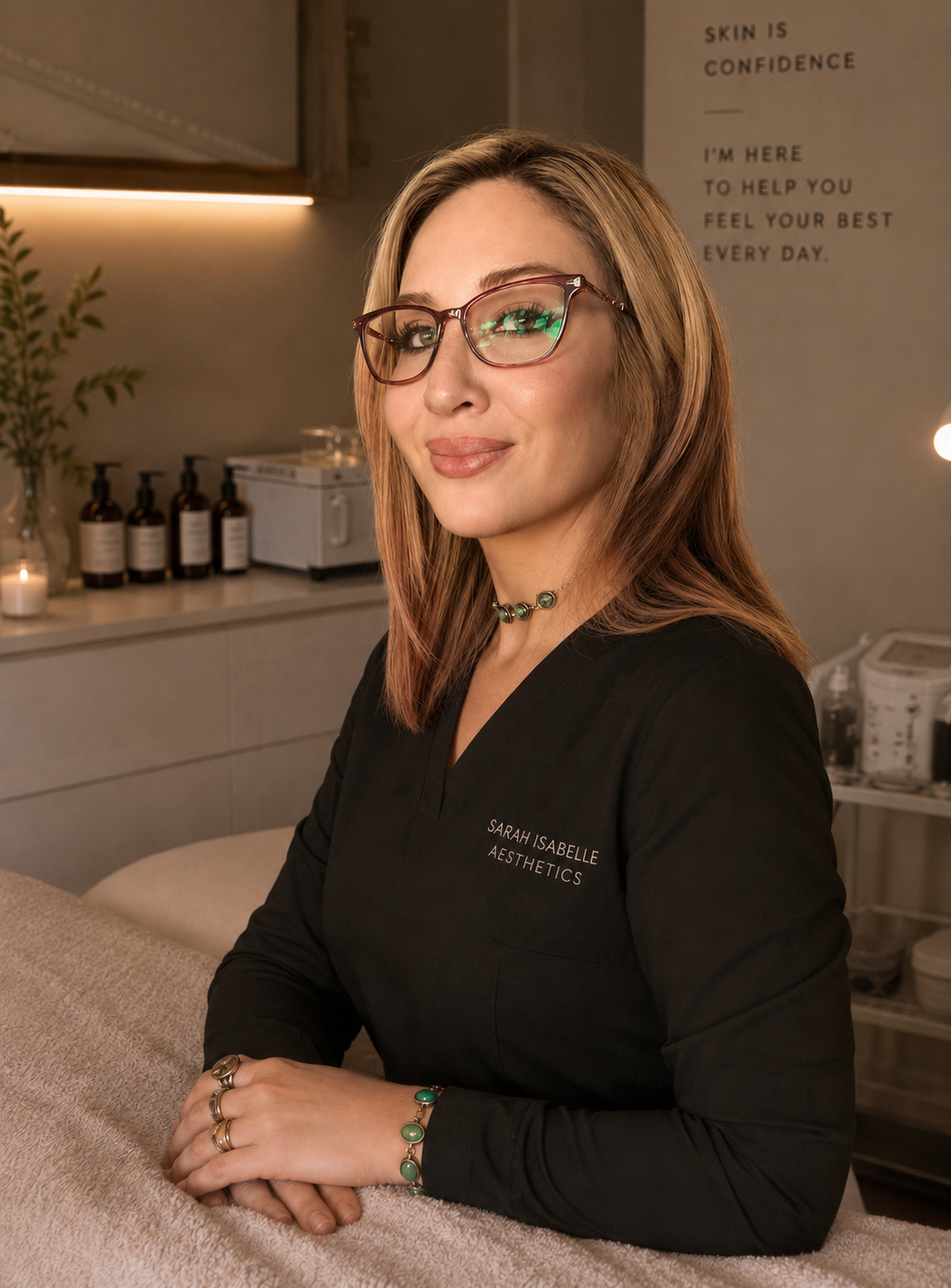 A woman with shoulder-length light brown hair and glasses, wearing a black uniform with 'Sarah Isabelle Aesthetics' embroidered on it, sitting at a spa or beauty clinic. She is smiling at the camera, with the background showing skincare products and motivational signage on the wall.