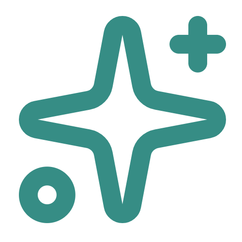 A teal star-shaped symbol with a plus sign, a circle, and a curved line around it on a black background.