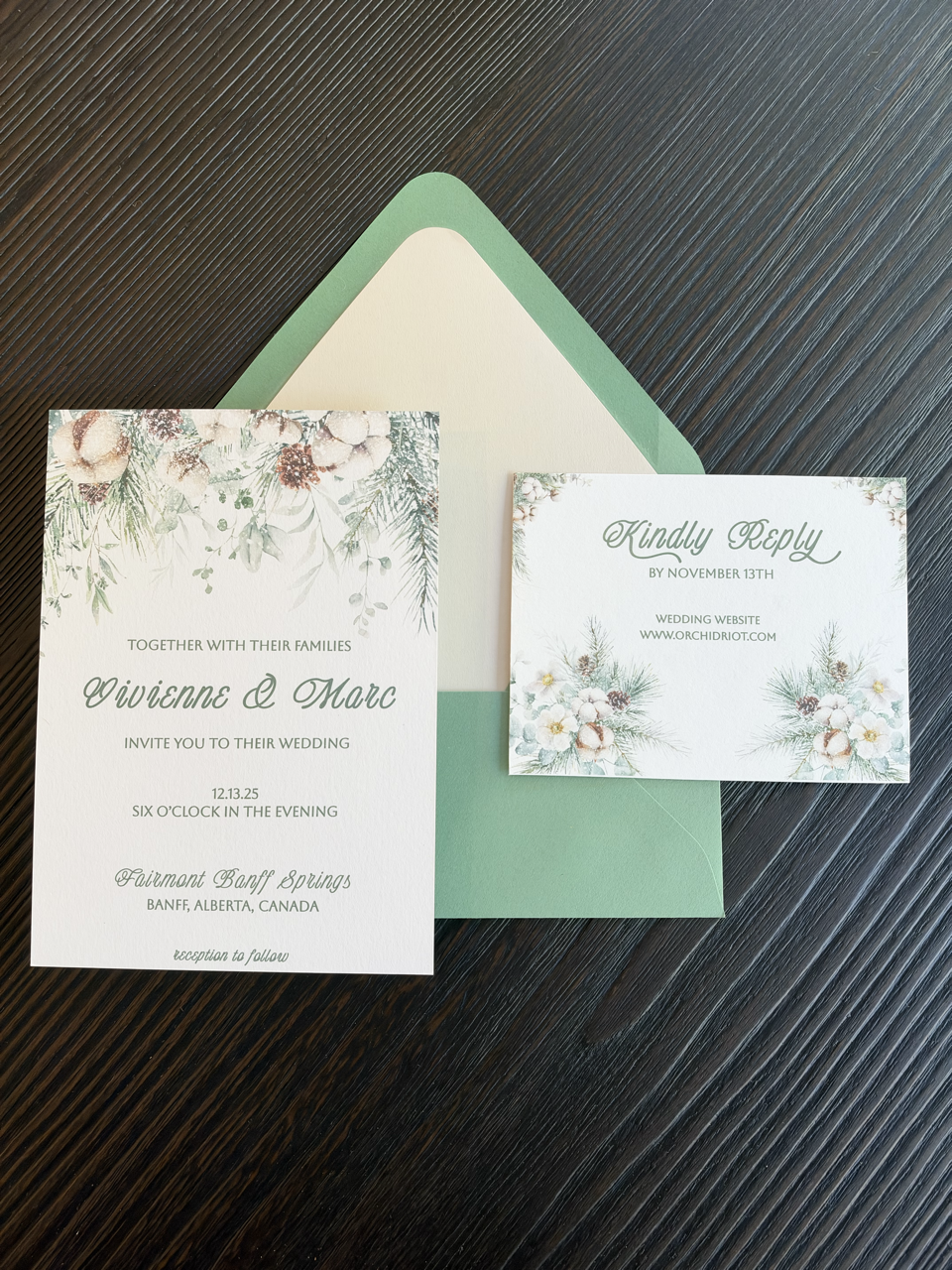 Winter greenery wedding invitation and RSVP card with a soft green envelope. Perfect for those pacific northwest winter mountain weddings.
