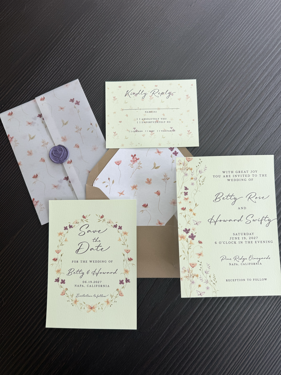 Pistachio floral wedding invitation suite