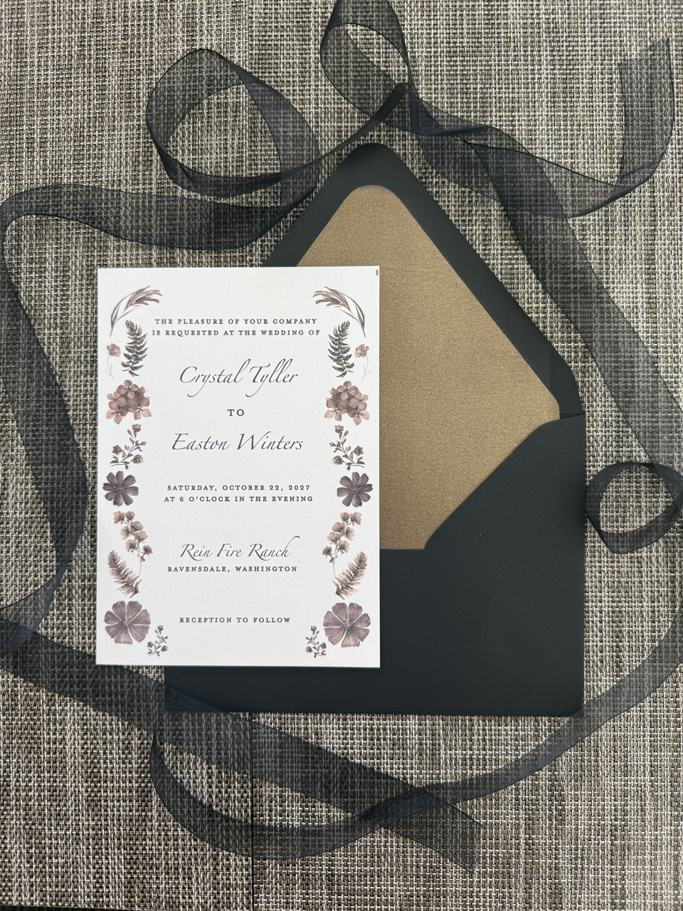 Brown and black autumn themed wedding invitation