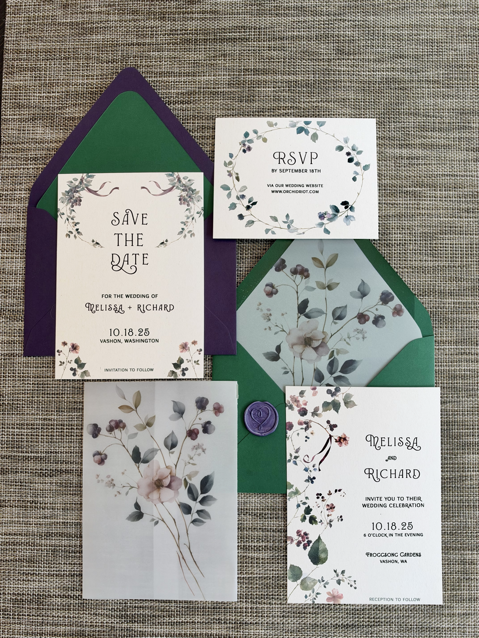 Moody blackberry wedding invitation suite including save the date, invitation, RSVP card, vellum wrap with purple and green envelopes.