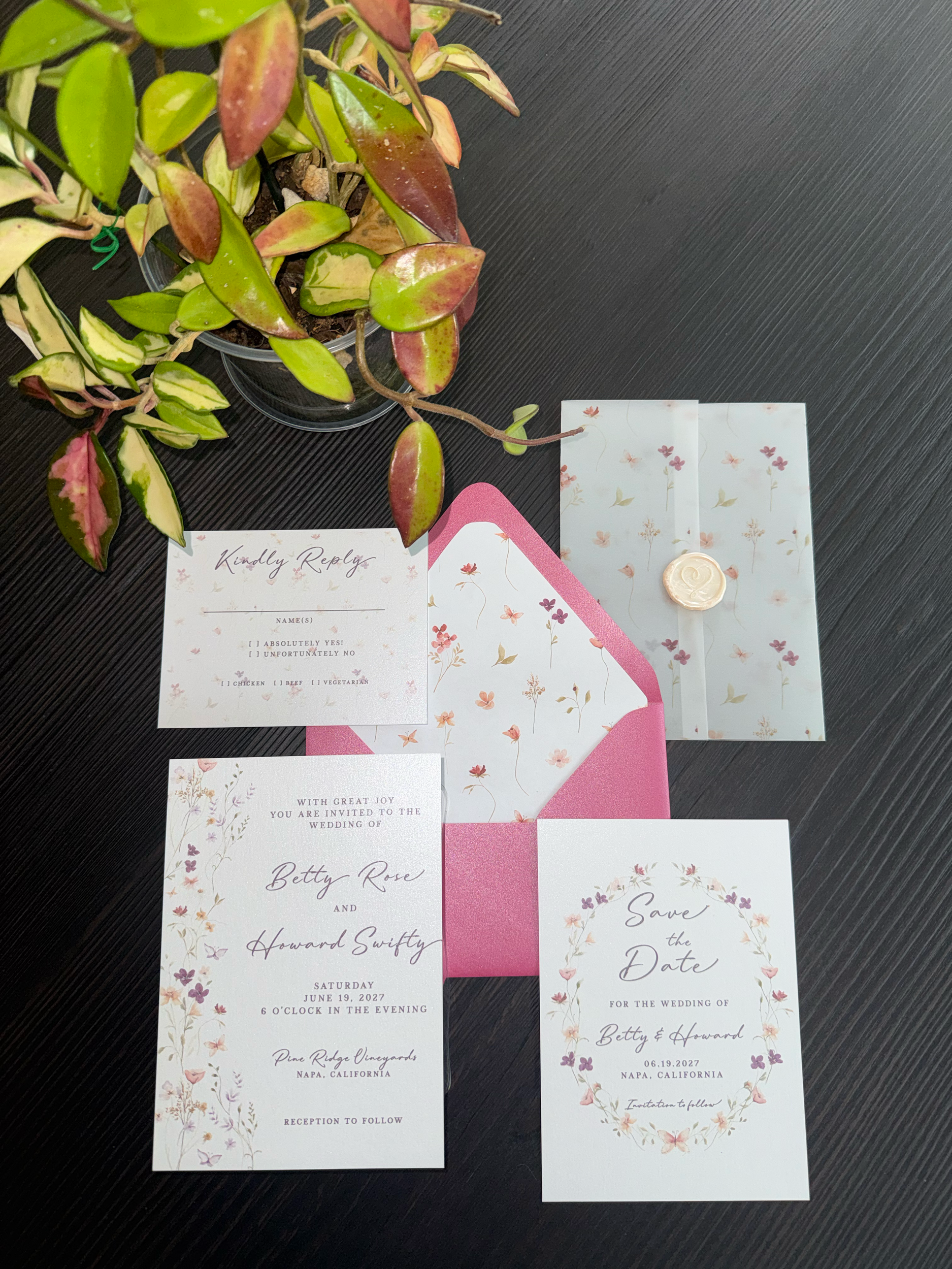Romantic pink floral wedding invitation suite with wildflowers on luxury paper