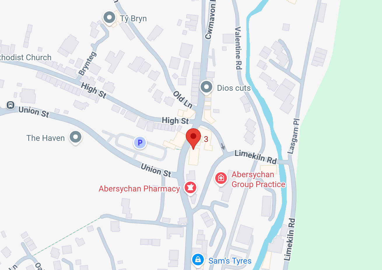 Map showing streets and locations in a town, including Abersychan Pharmacy, Abersychan Group Practice, Sam's Tyres, Diós cuts, a park, and various street names.