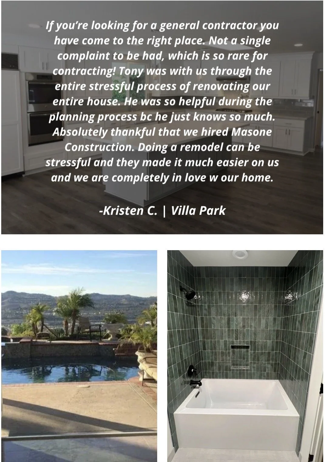 Customer testimonial about a renovation with photos of a kitchen, a backyard pool with desert landscape, and a bathroom with green tiled shower.
