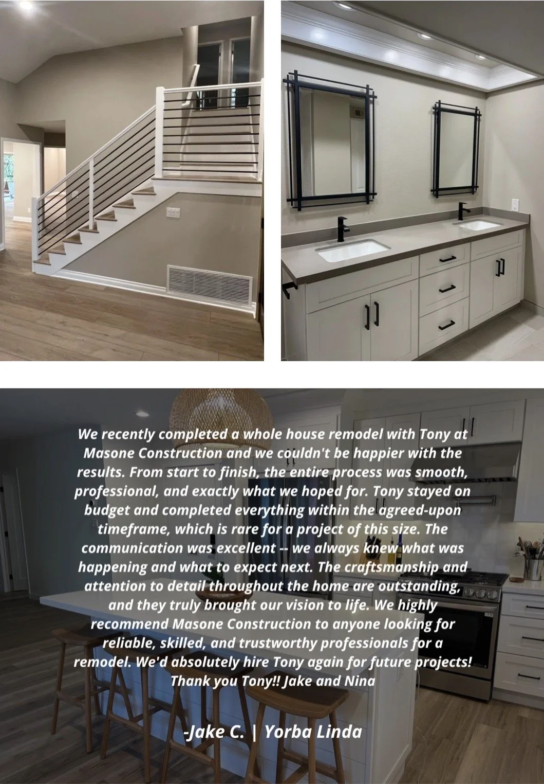 A collage of three photos showing a house renovation. The first photo shows a staircase with white railings and light wood steps in a modern living space. The second photo shows a bathroom vanity with two mirrors, black fixtures, and a light-colored countertop. The third photo shows a kitchen with a white island and two wooden barstools, with a note of appreciation for the remodeling work.