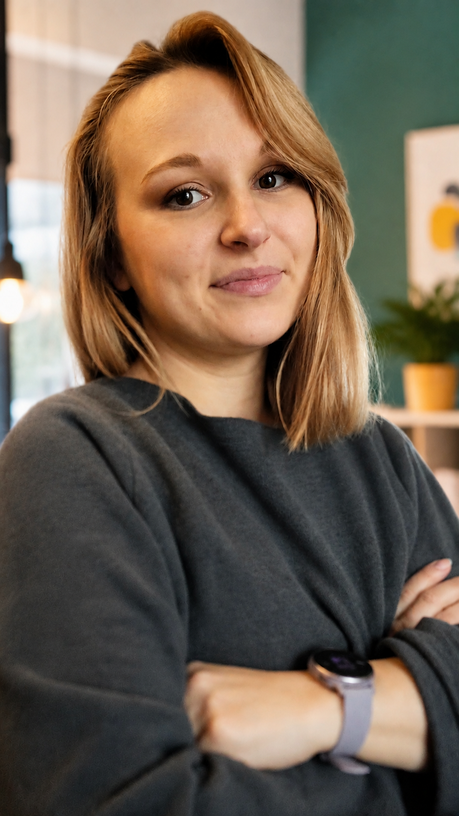 Une femme blonde portant un sweat gris foncé, croisant les bras, dans un intérieur moderne avec un fond de plantes et d'œuvres d'art