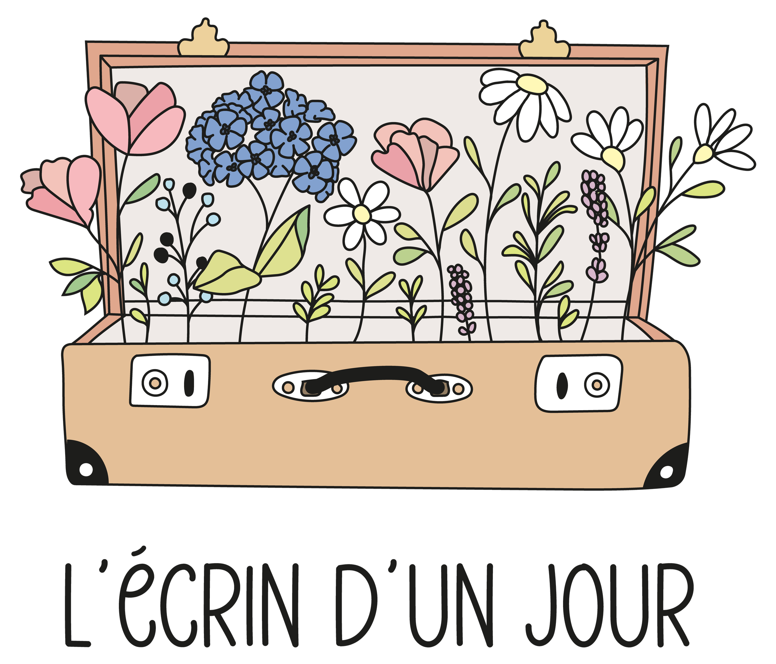 Une boîte en bois contenant un assortiment de fleurs colorées, y compris des fleurs blanches, roses, bleues et violettes, avec des feuilles vertes et des branches. le logo