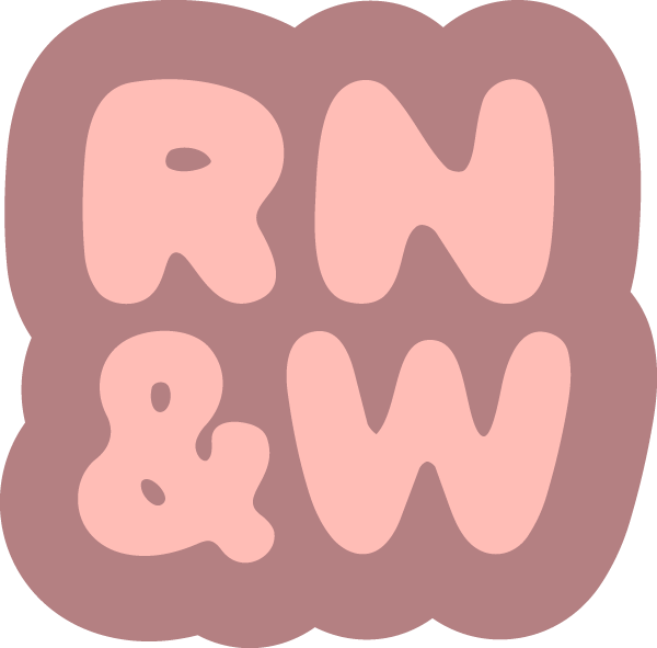Pink and brown cartoon-style letters spelling 'RNW' in a playful, rounded font.