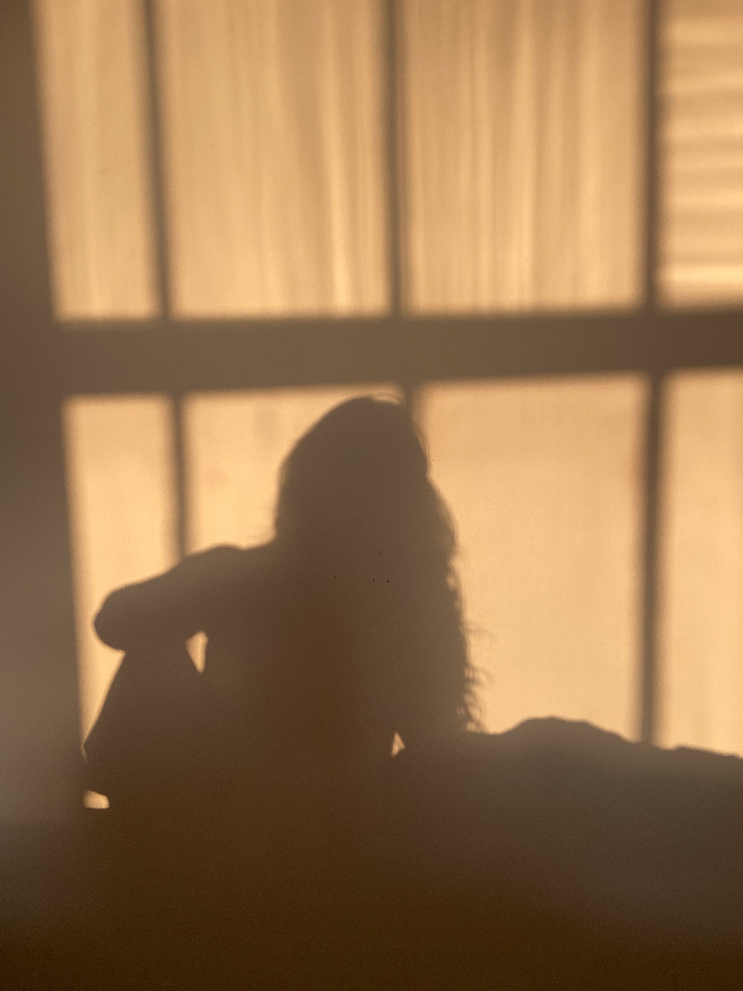 Shadow of a person with long hair behind a window with blinds, sunlight casting shadows.