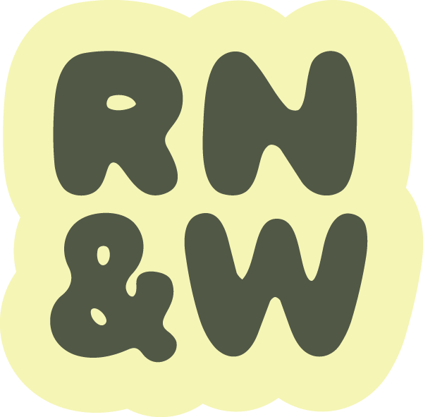 Stylized text displaying "R N & W" in bold, dark gray letters on a light beige background.
