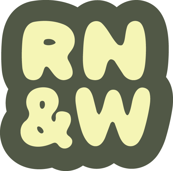 Graphic with large stylized letters 'RN & W' in light yellow on a dark background.