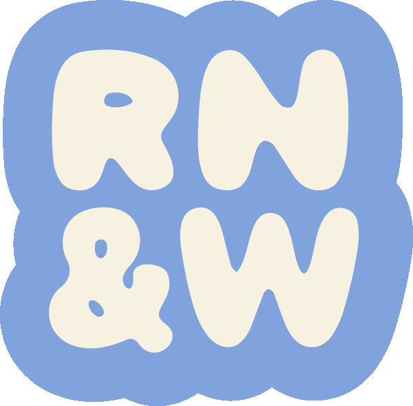 The image features the letters 'R', 'N', and 'W' arranged in a playful, rounded font on a blue background.