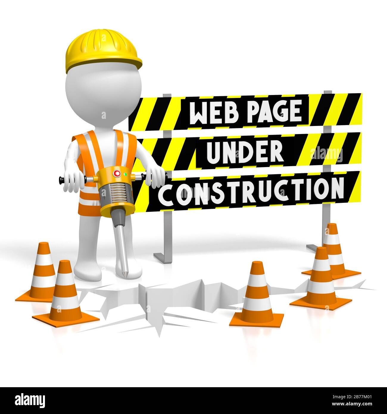 Construction worker with a drill standing next to a sign that says 'Web page under construction,' surrounded by traffic cones and a cracked floor.