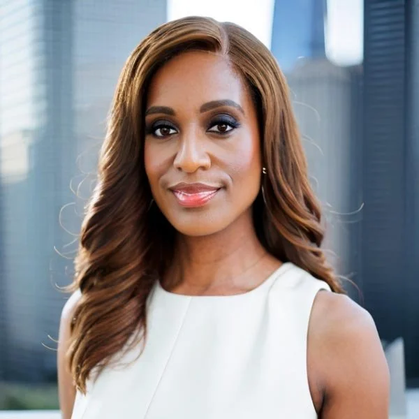A woman with long, wavy brown hair and medium skin tone posing outdoors with modern skyscrapers in the background.