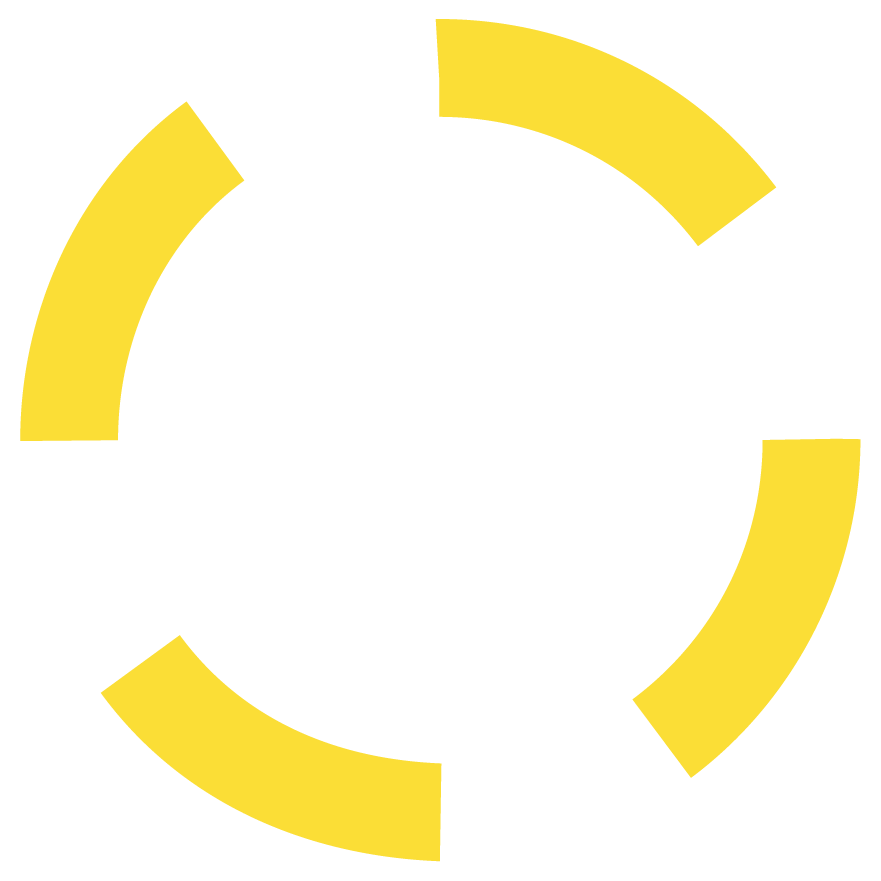 A black circular icon with four yellow segments and a small black circular center, resembling a loading or buffering symbol.