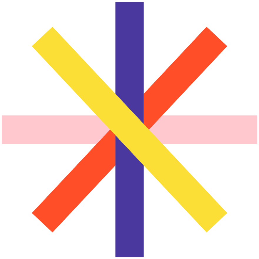 Colorful geometric abstract art with overlapping diagonal and vertical lines in yellow, purple, red, and pink, a Sol Sisters brand icon.