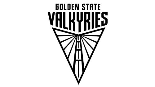 Logo of the Golden State Valkyries featuring a stylized triangle with a road leading to a castle tower and the team name at the top.