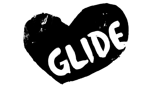 A black heart-shaped sticker with the word 'GLIDE' in white bold letters.