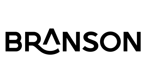 The word "BRANSON" written in bold black letters with the letter "A" stylized as an upside-down "V" and the letter "S" featuring a curved line underneath.