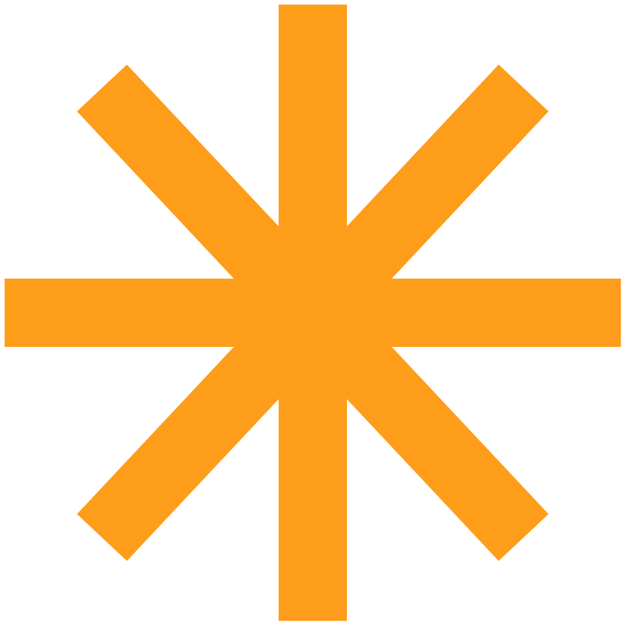 Orange asterisk symbol with eight thick rays pointing outward on a white background.