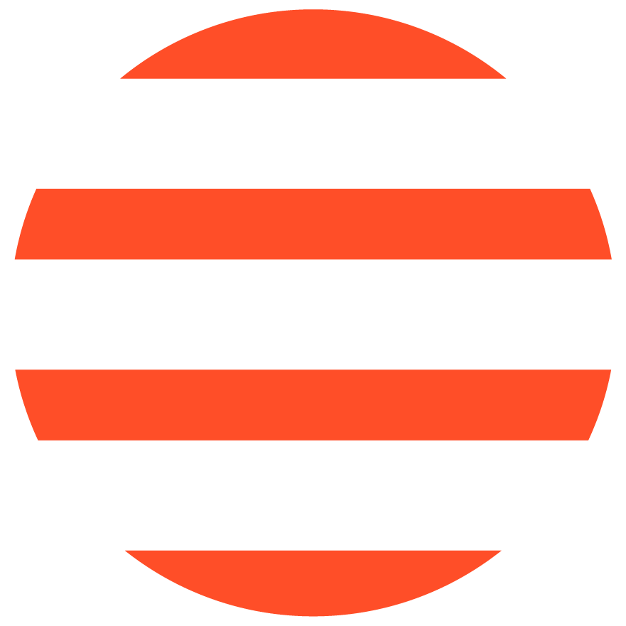 A stylized globe with orange horizontal stripes and black background.