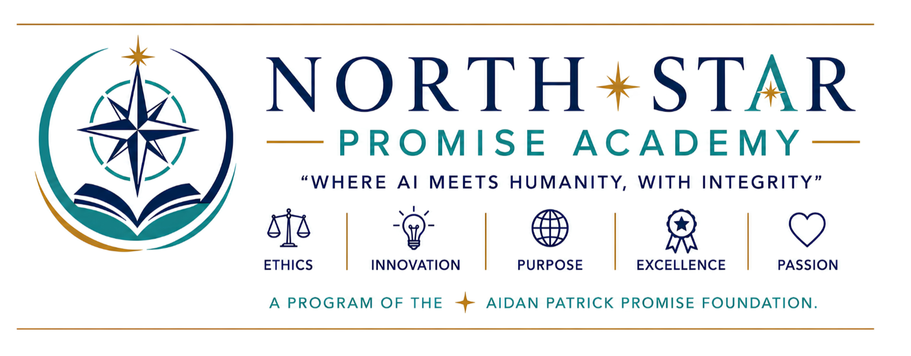 North Star Promise Academy logo with a compass and open book graphic, tagline 'Where AI Meets Humanity, with Integrity,' and icons for ethics, innovation, purpose, excellence, and passion.