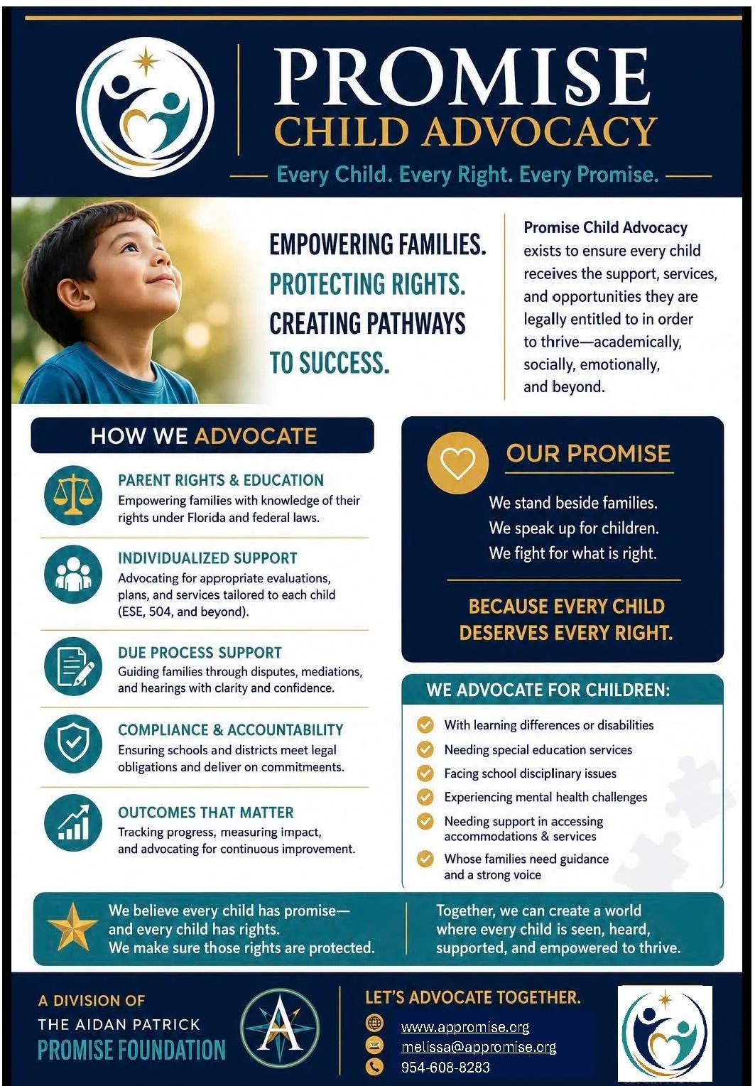 Informational flyer for Promise Child Advocacy, featuring a young boy looking up, with sections about their mission to empower families and protect children's rights, their advocacy methods, and promises to stand beside families and speak up for children.