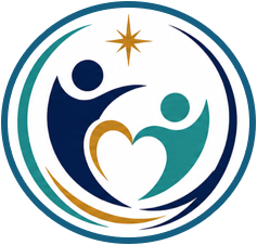 A logo with two stylized human figures forming a heart shape, a star above them, and circular lines surrounding, in blue, teal, gold, and white.