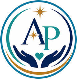 Logo featuring the letters A and P with stars above, surrounded by hands and a heart at the bottom.