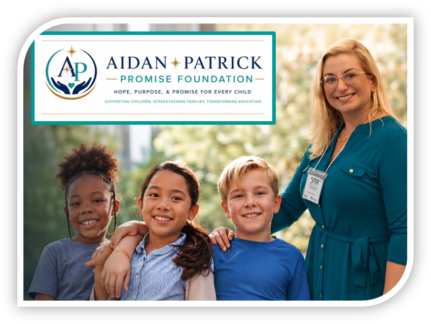 Group photo of four children and a woman smiling outdoors, with a sign for the Aidan Patrick Promise Foundation in the upper left corner.