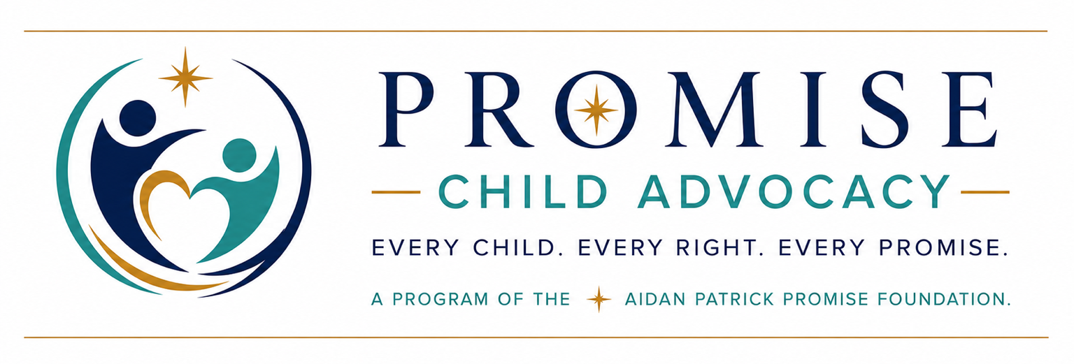 Promoise Child Advocacy logo featuring stylized figures with a heart and stars, with the text 'PROMISE CHILD ADVOCACY' and the slogan 'Every child. Every right. Every promise.' along with acknowledgment of the Aidan Patrick Promise Foundation.