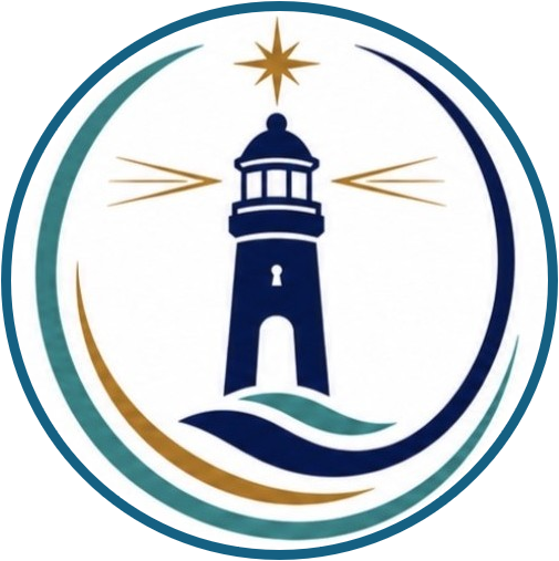 Logo of a lighthouse with a star above it, encircled by wavy lines in teal, dark blue, and gold.