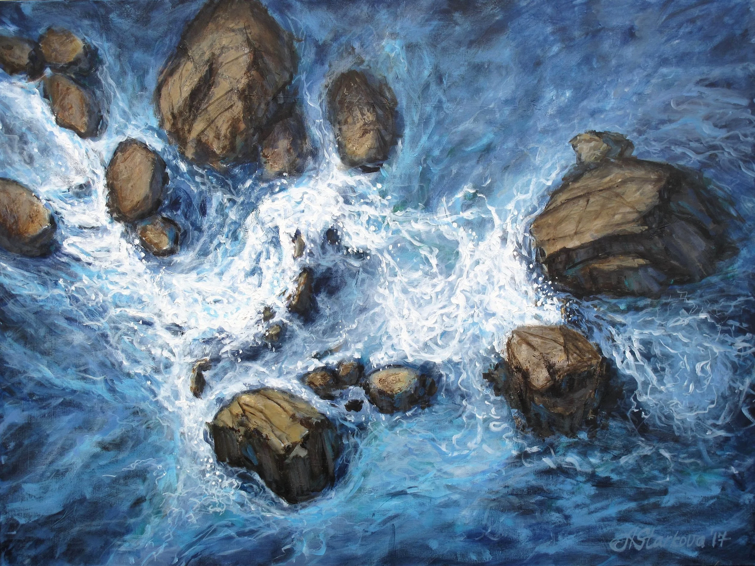 A painting of ocean waves crashing against rocks, view from above.