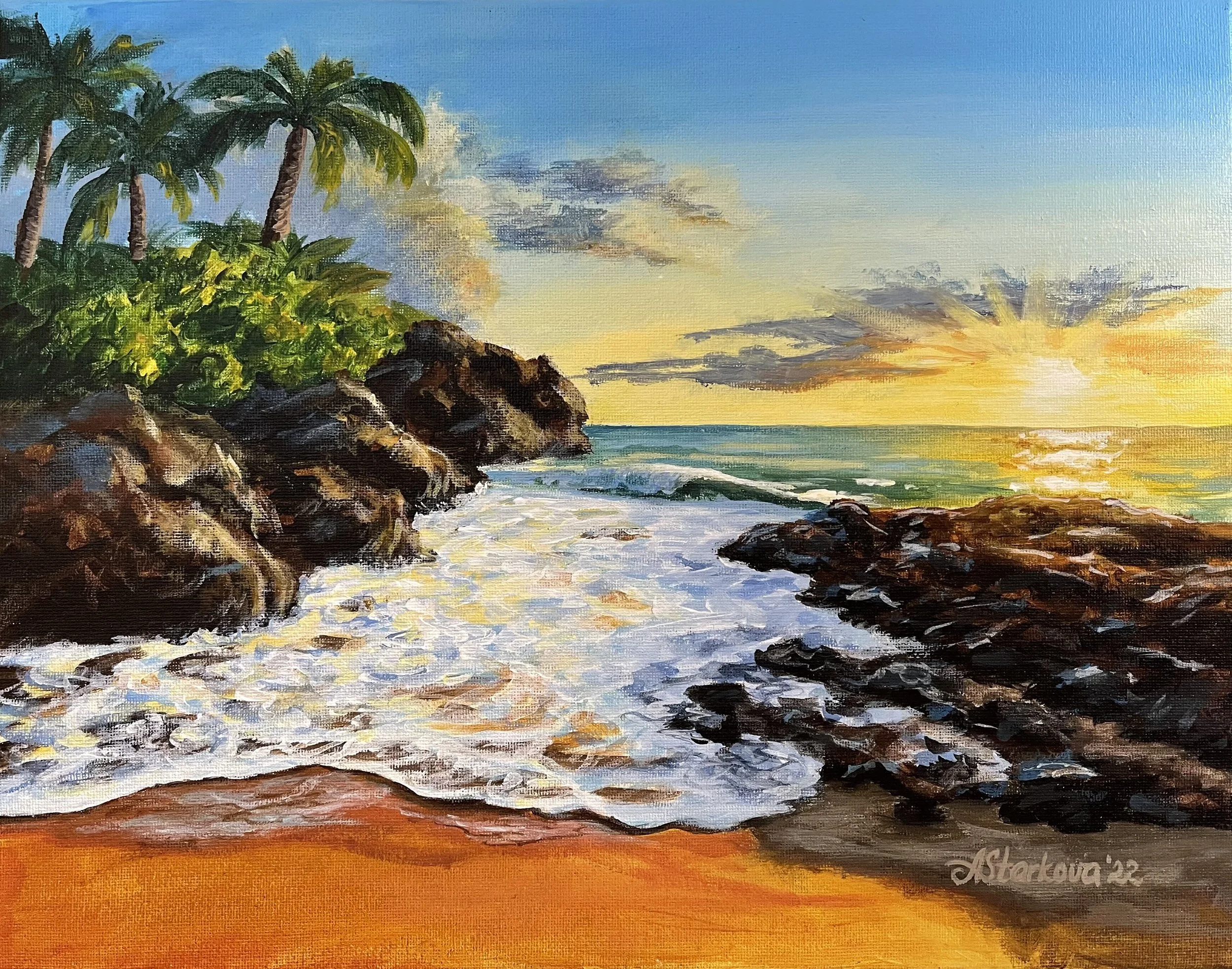 A colorful landscape painting of a beach at sunset, with palm trees on rocky cliffs in the foreground, waves crashing on the shore, and a sky with clouds and warm sunset hues.