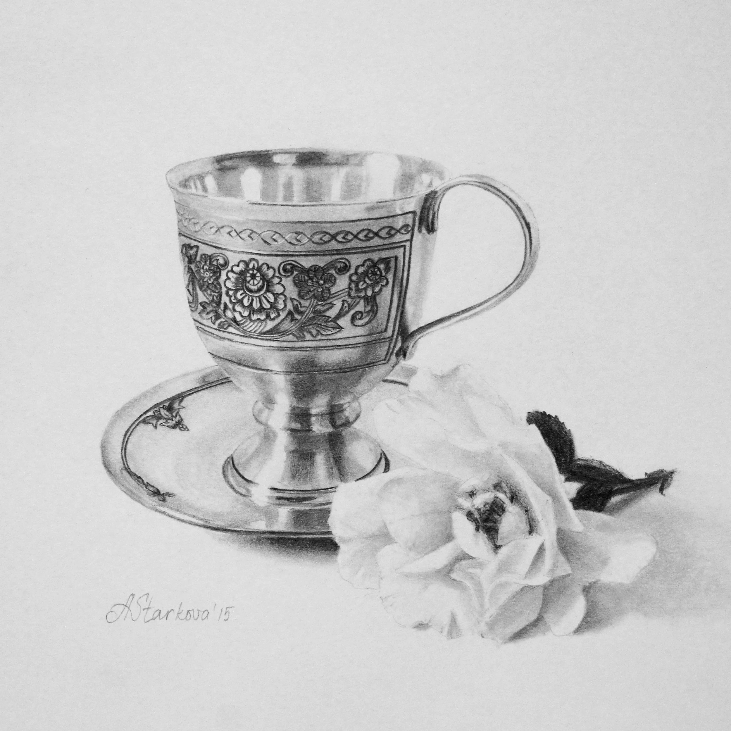 Sketch of a silver cup with detailed floral and geometric patterns and a rose by the cup.