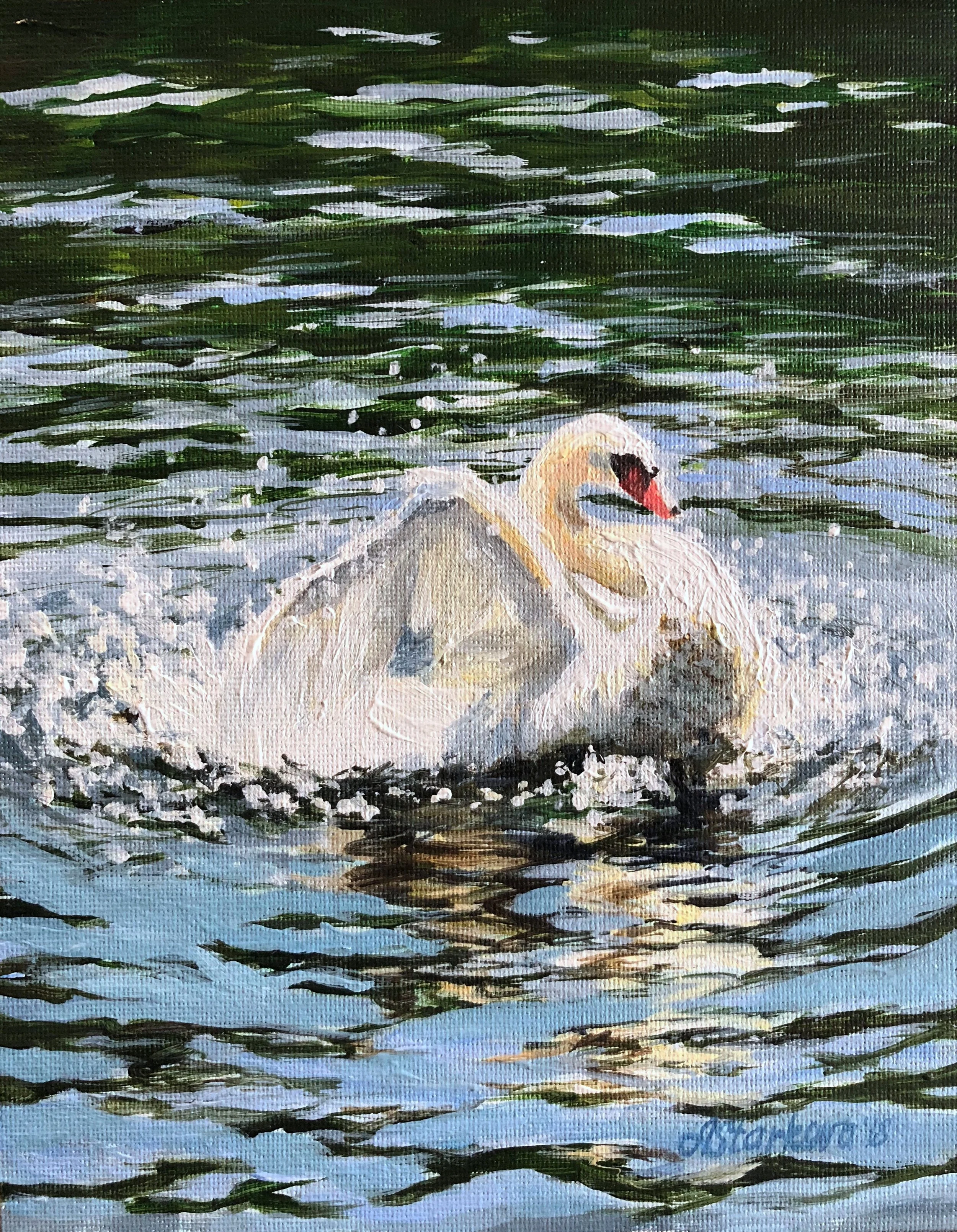 A painting of a swan swimming in a pond with splashes of water.
