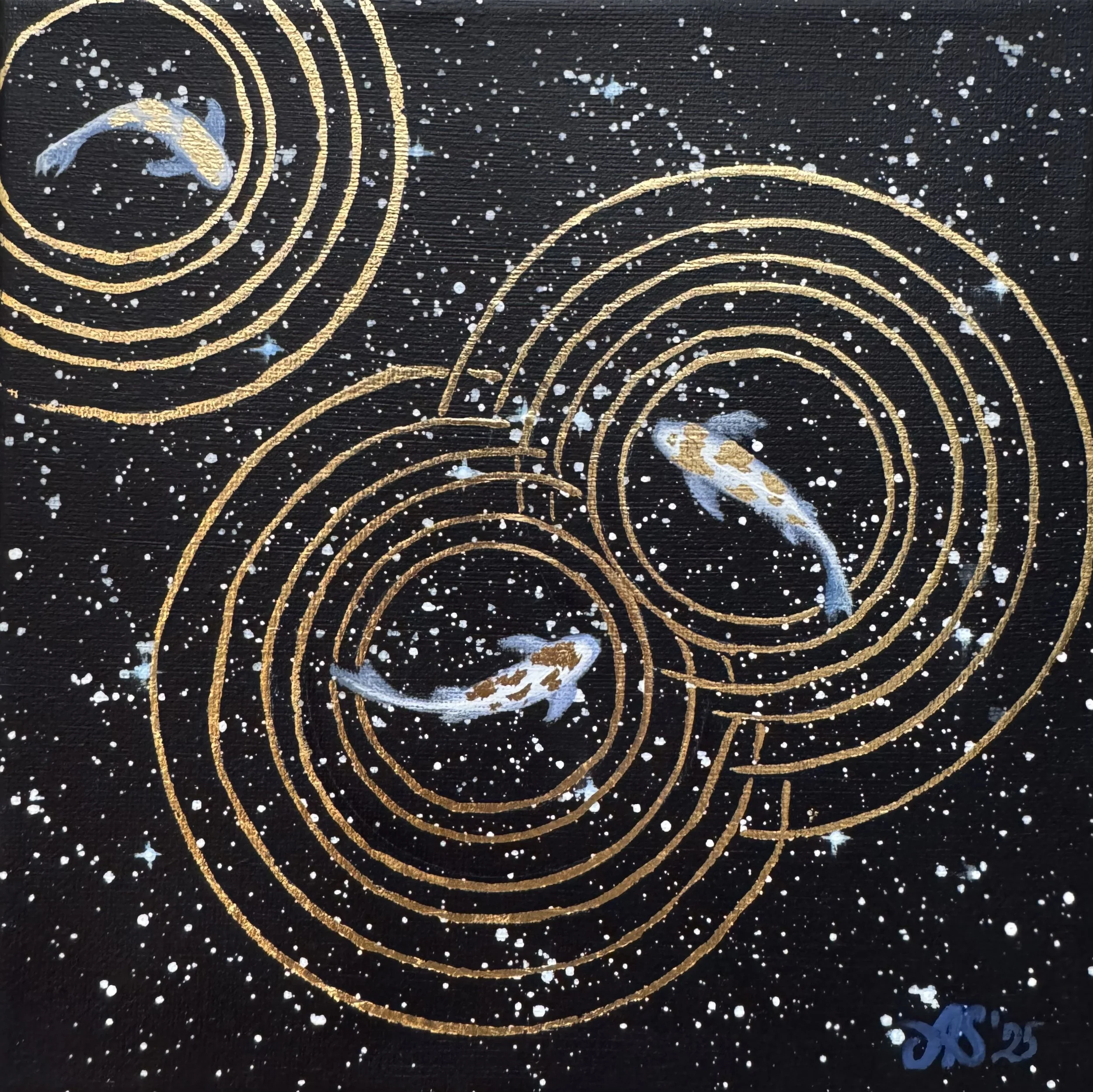 A cosmic painting with intricate gold design featuring spirals, celestial koi fish, and star speckles on a black background.