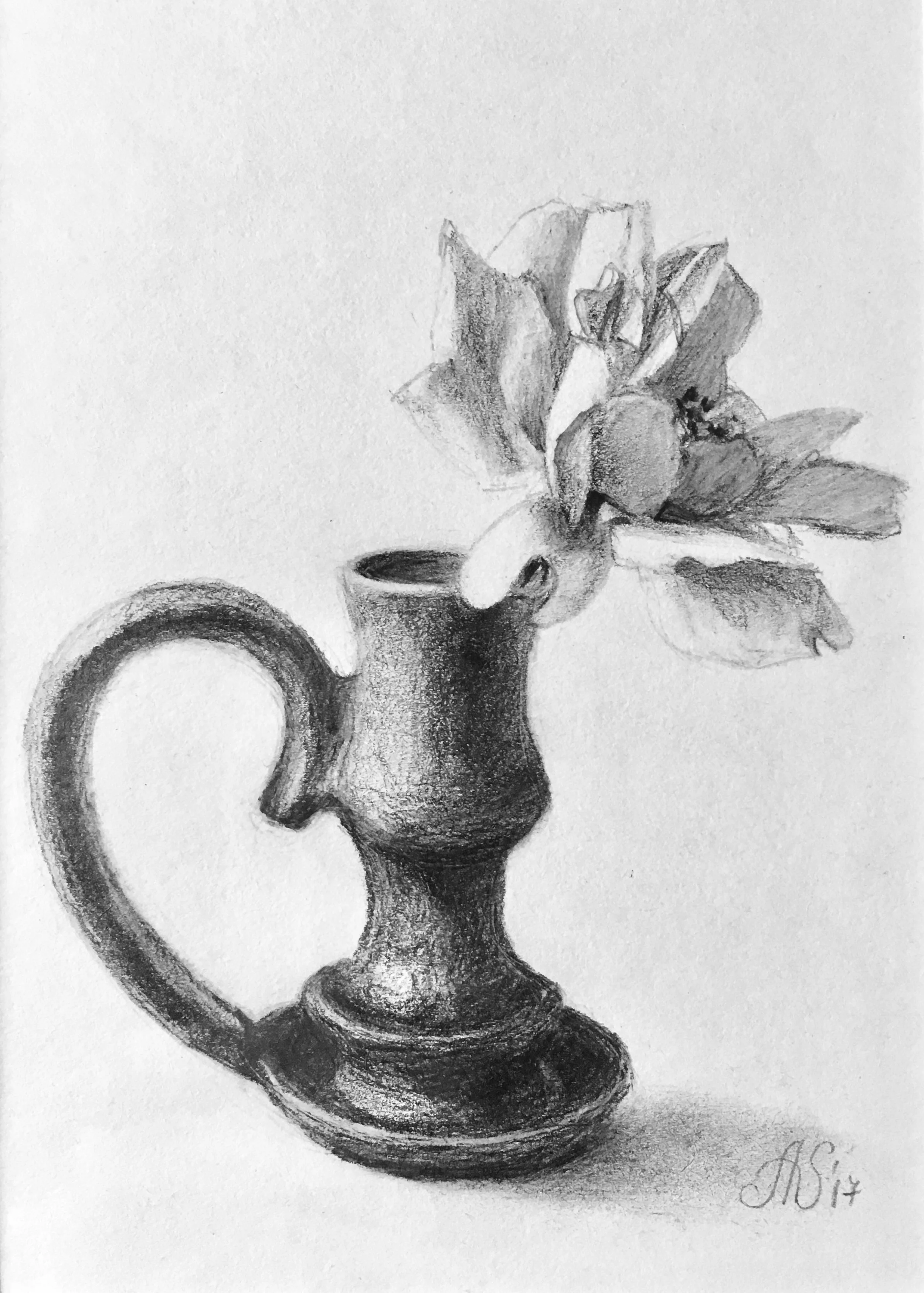 A detailed black and white pencil drawing of an old candle holder, with a rose put in the holder.