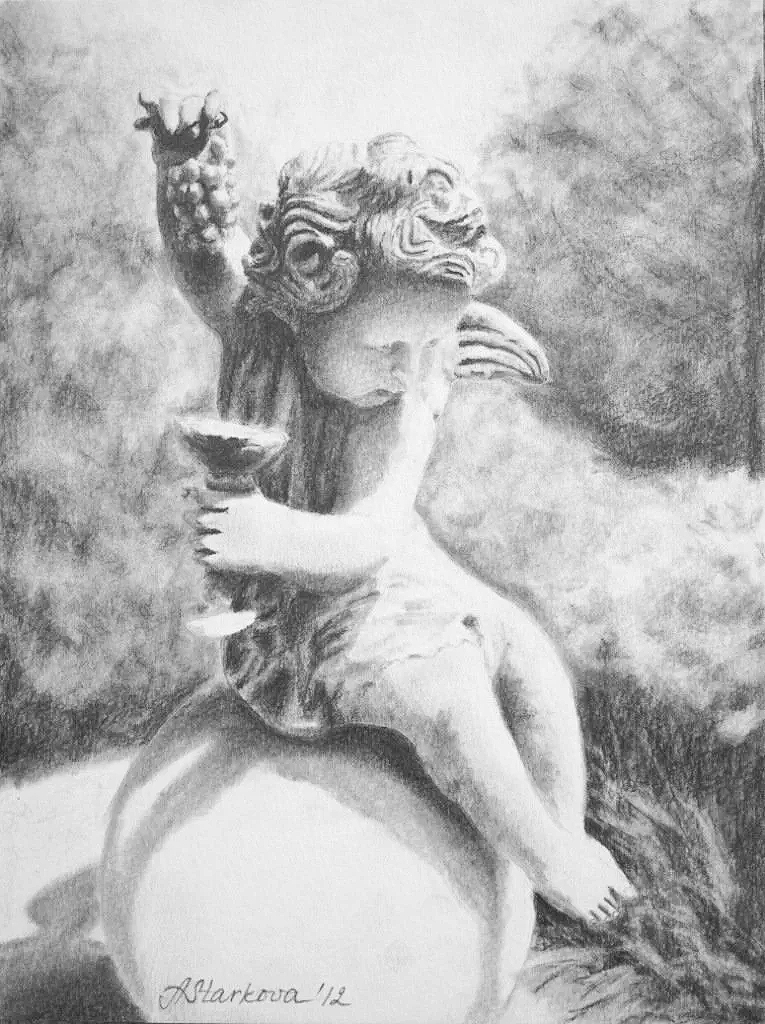 A pencil drawing of a cherub holding a glass of wine and grapes, sitting on a round pedestal.