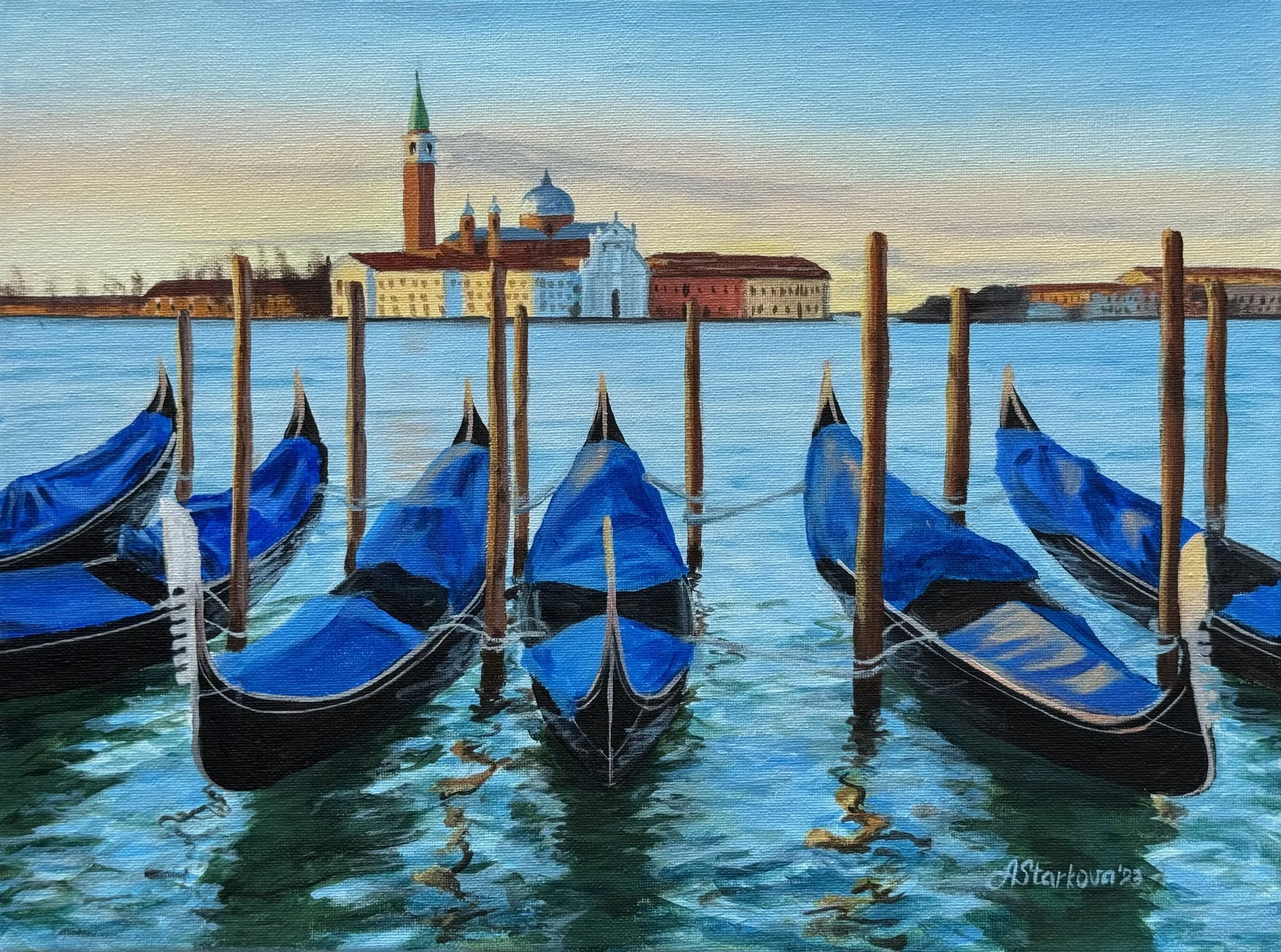 A painting of gondolas docked on a canal with historic buildings and a church tower in Venice, Italy, during sunrise.