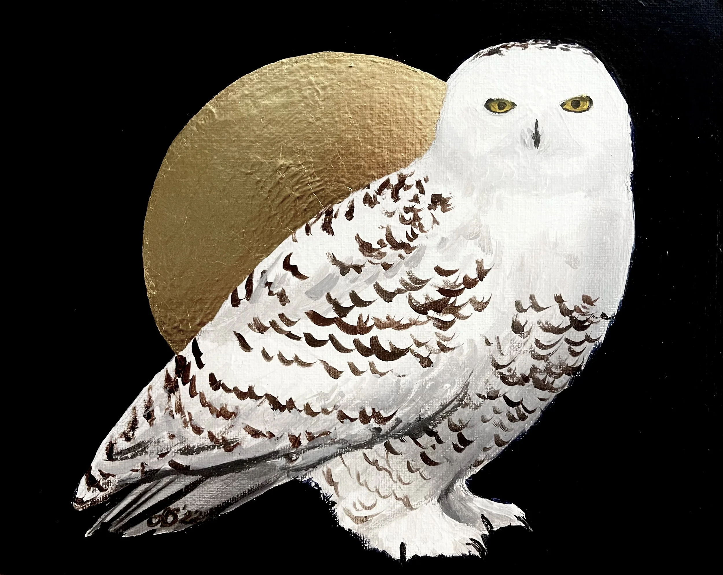 Painting of a snowy white owl with yellow eyes, set against a black background and gold moon.