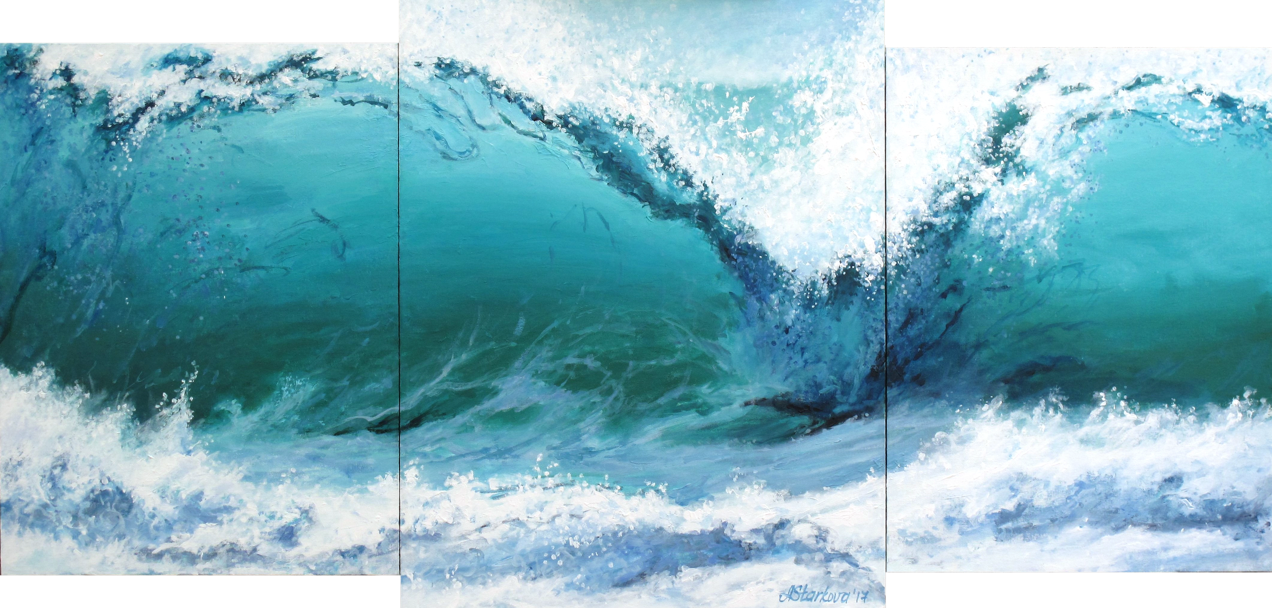 A triptych painting of a large ocean wave curling over with white foam at the crest and spray in the air.